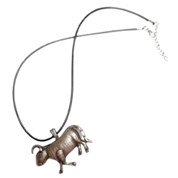 Silver Bull Pendant on Black Cord Necklace - Picture 2 of 2